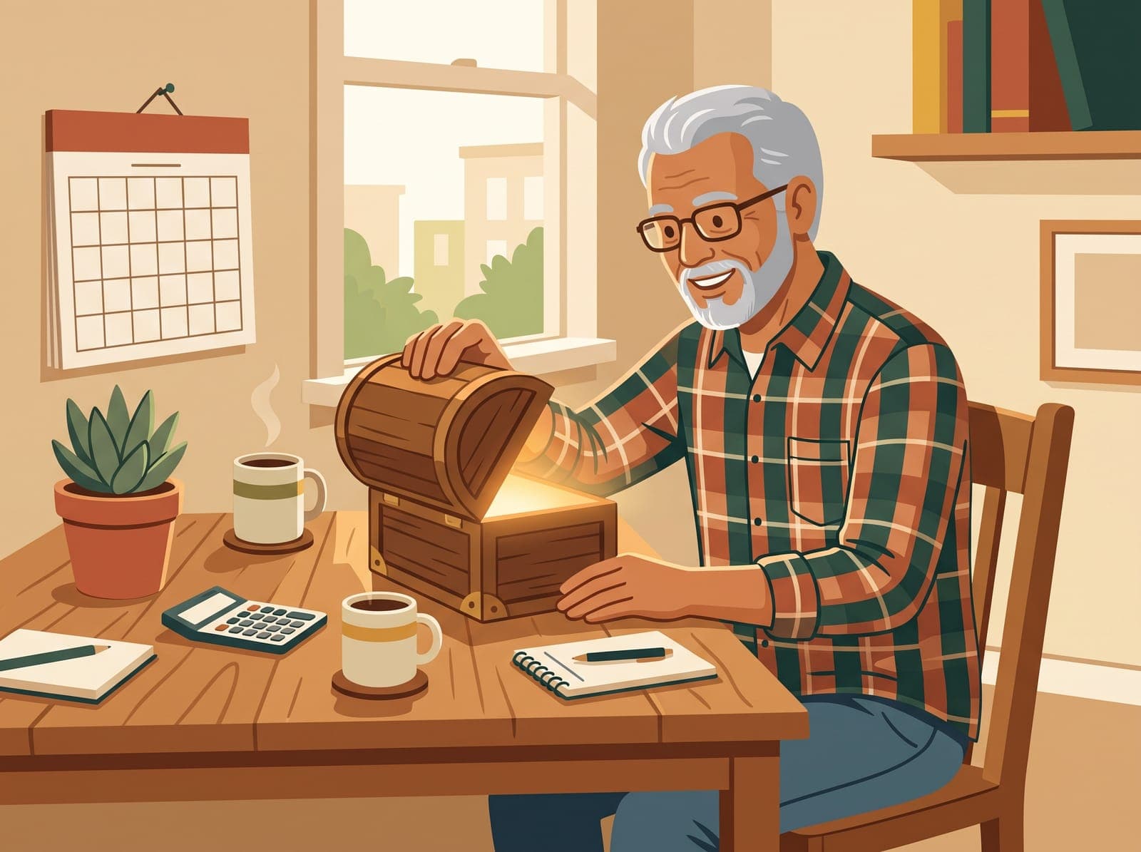 Illustration of a business owner opening a small glowing chest at their desk