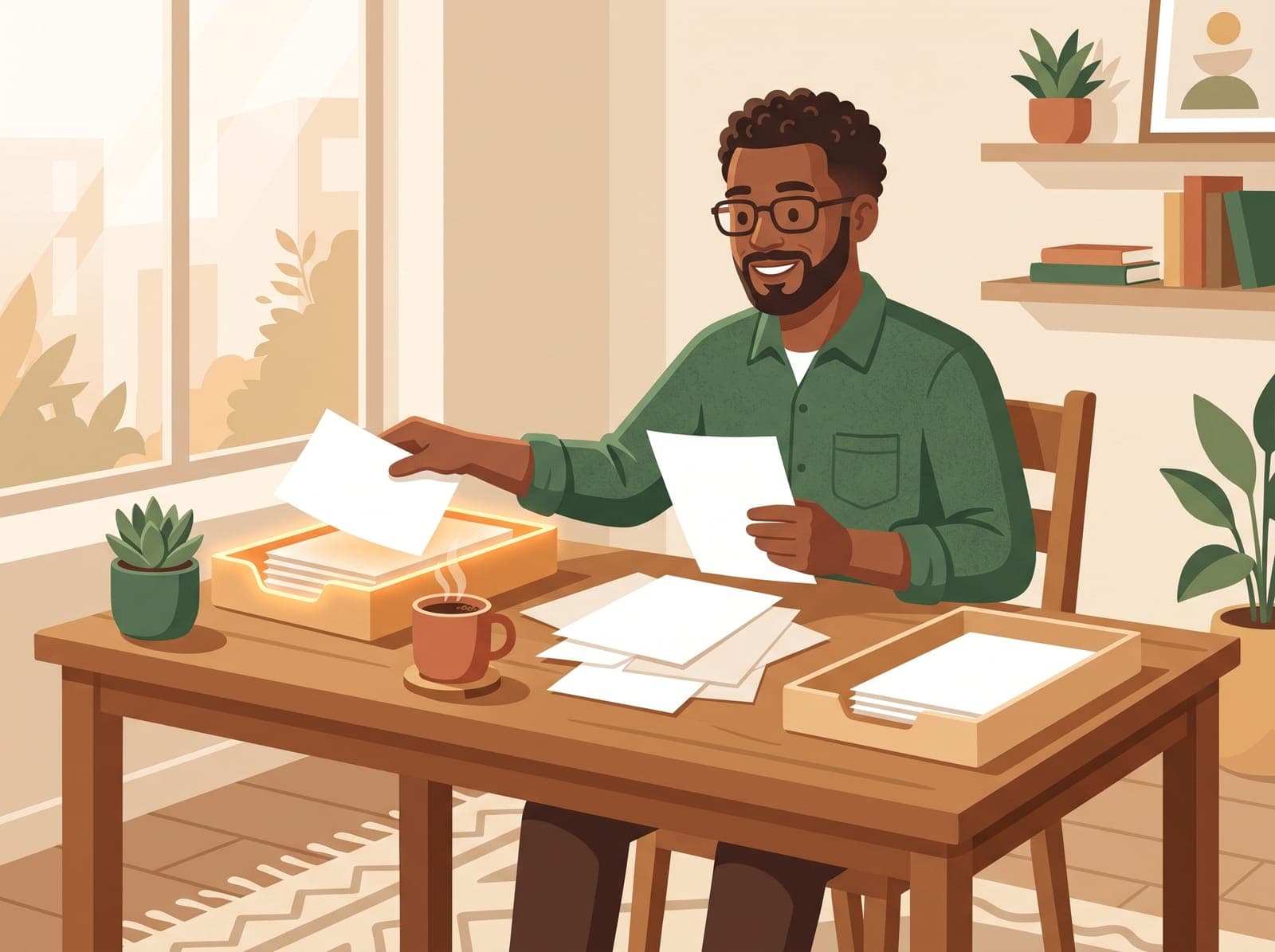 Illustration of a business owner sorting paperwork into two trays at a desk