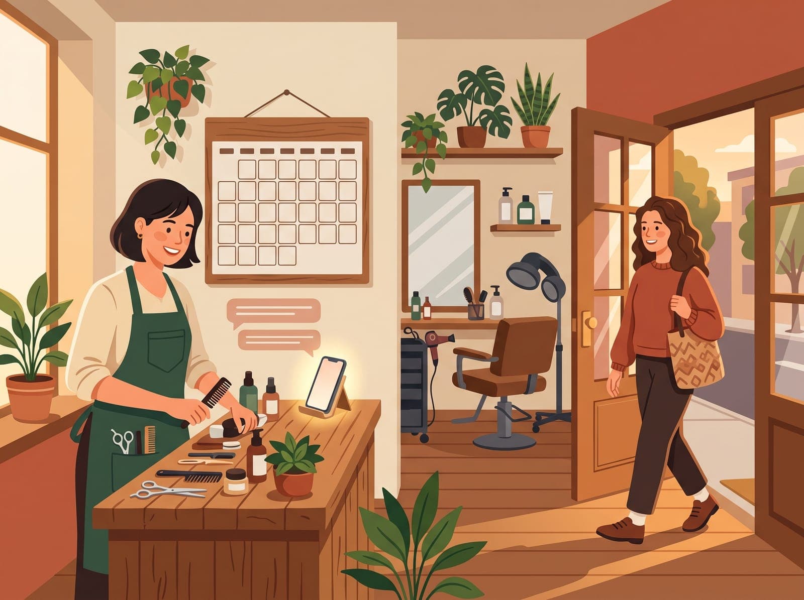 Illustration of a salon owner at the counter while their phone exchanges messages with an arriving customer