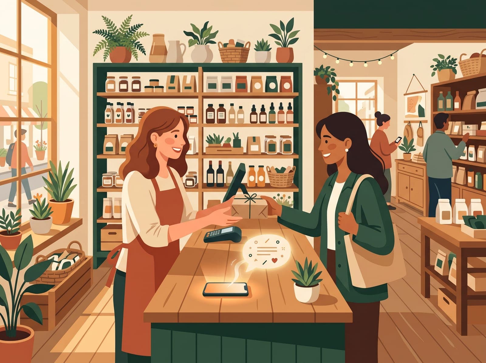 Illustration of a shop owner helping a customer while their phone sends a friendly reply on its own