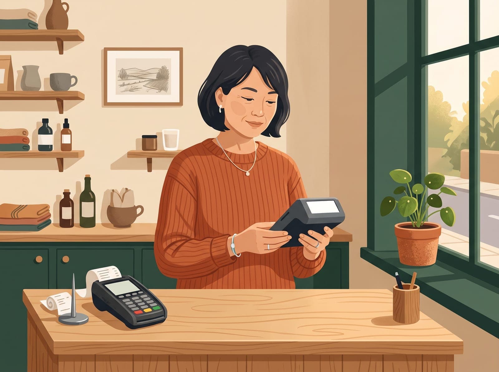 A shop owner behind her counter, calmly sizing up a new device next to the card reader she already uses