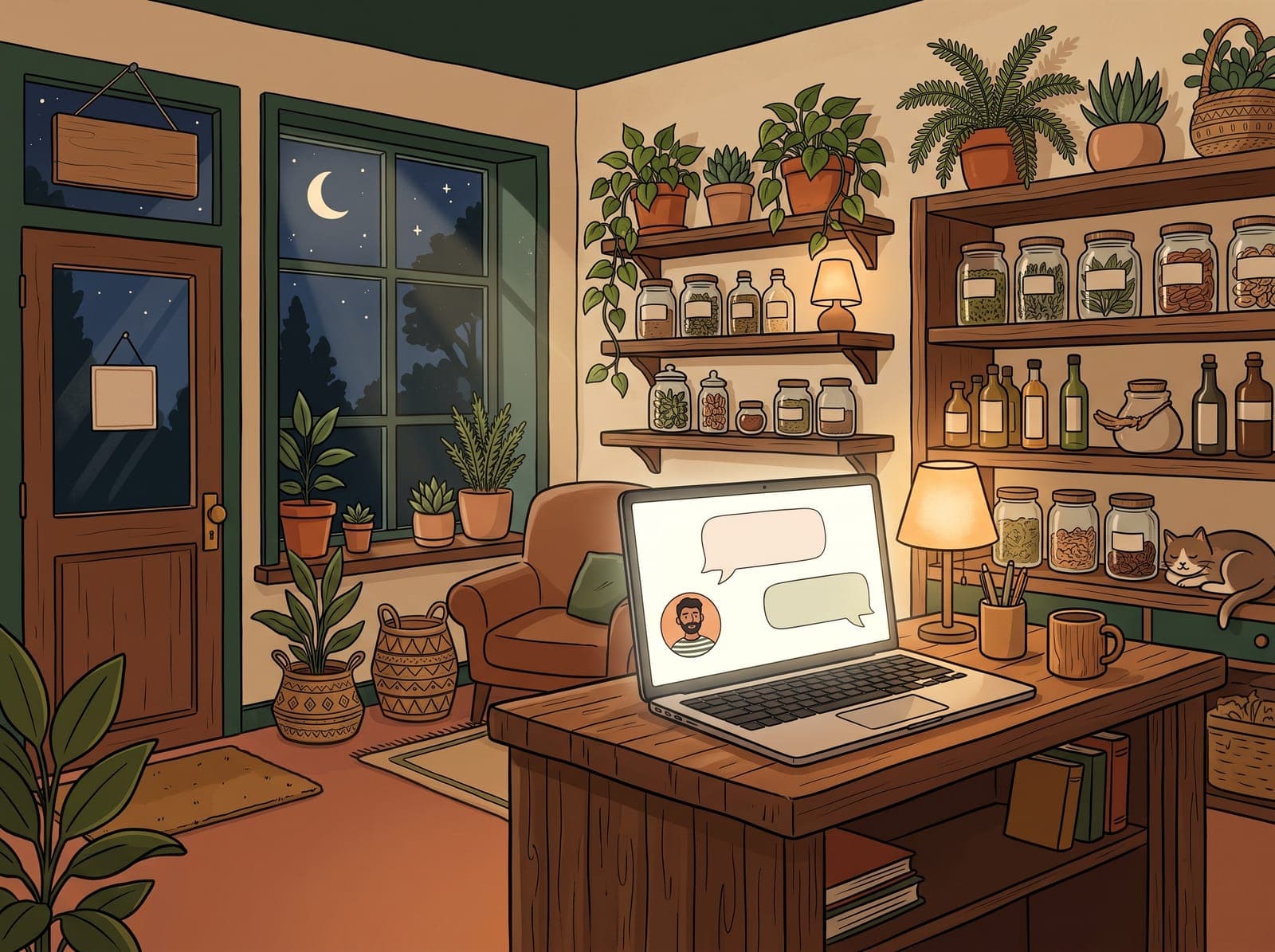 Illustration of a shop at night with a laptop answering a customer's chat message