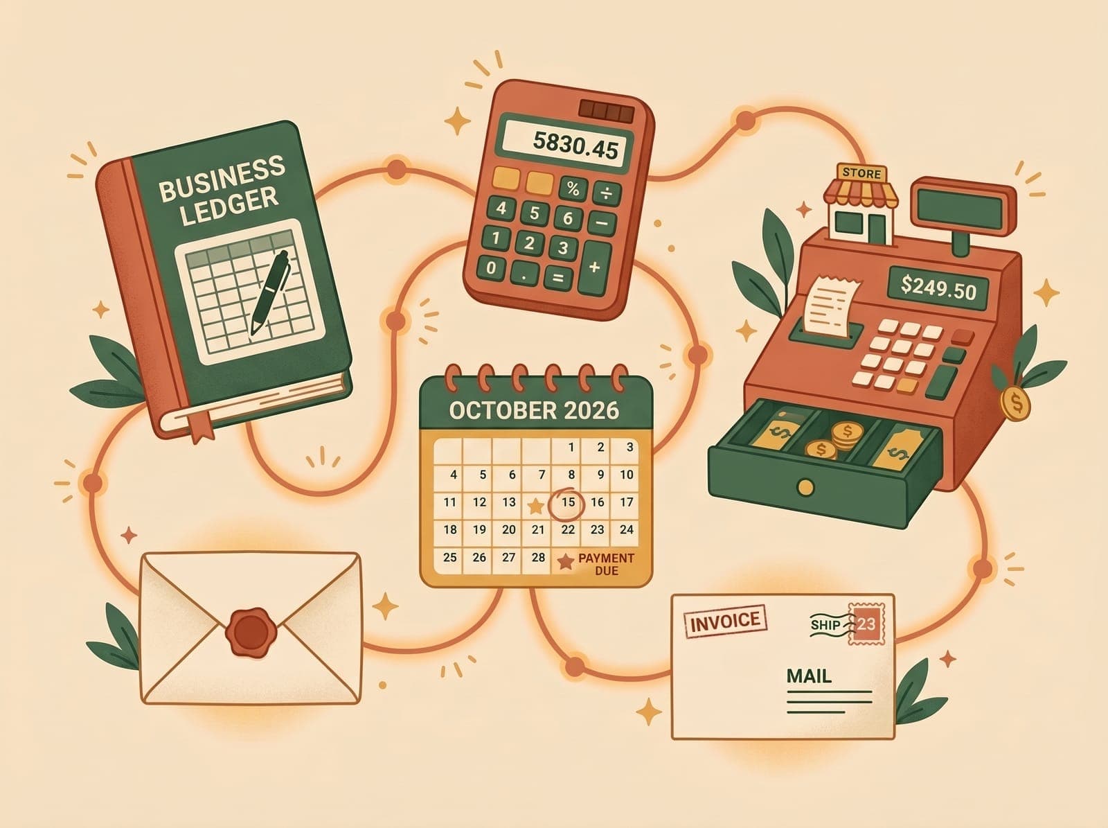Illustration of business tools connected together into one system