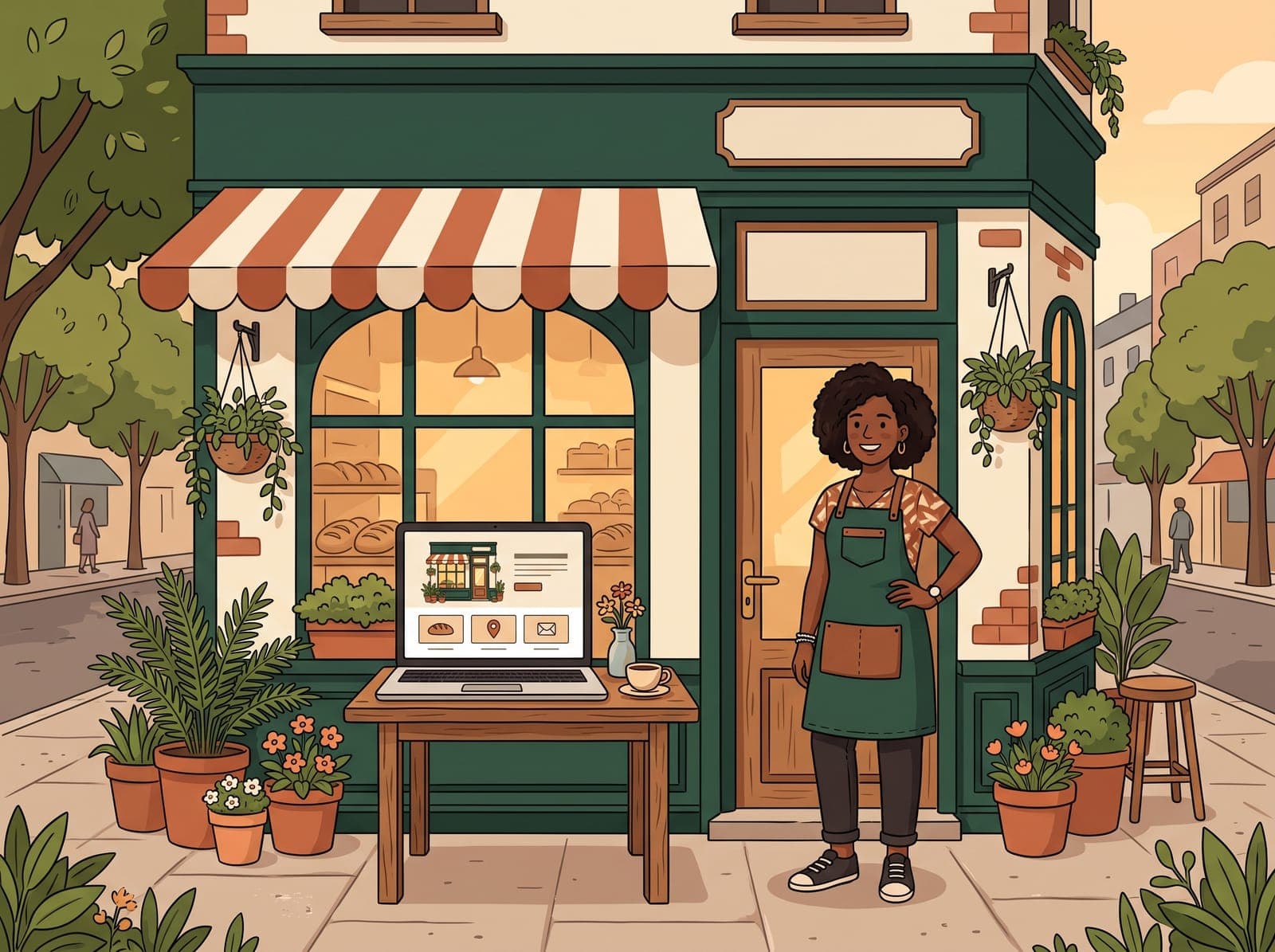 Illustration of a local storefront next to a laptop showing its new website