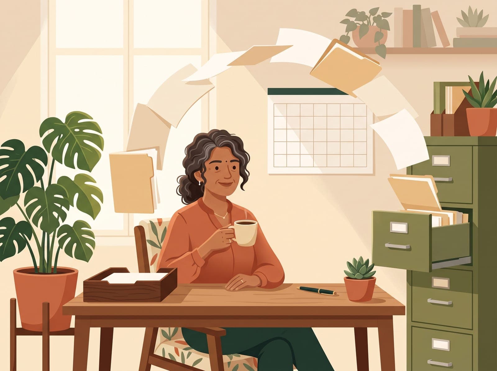 Illustration of paperwork organizing itself while a business owner relaxes