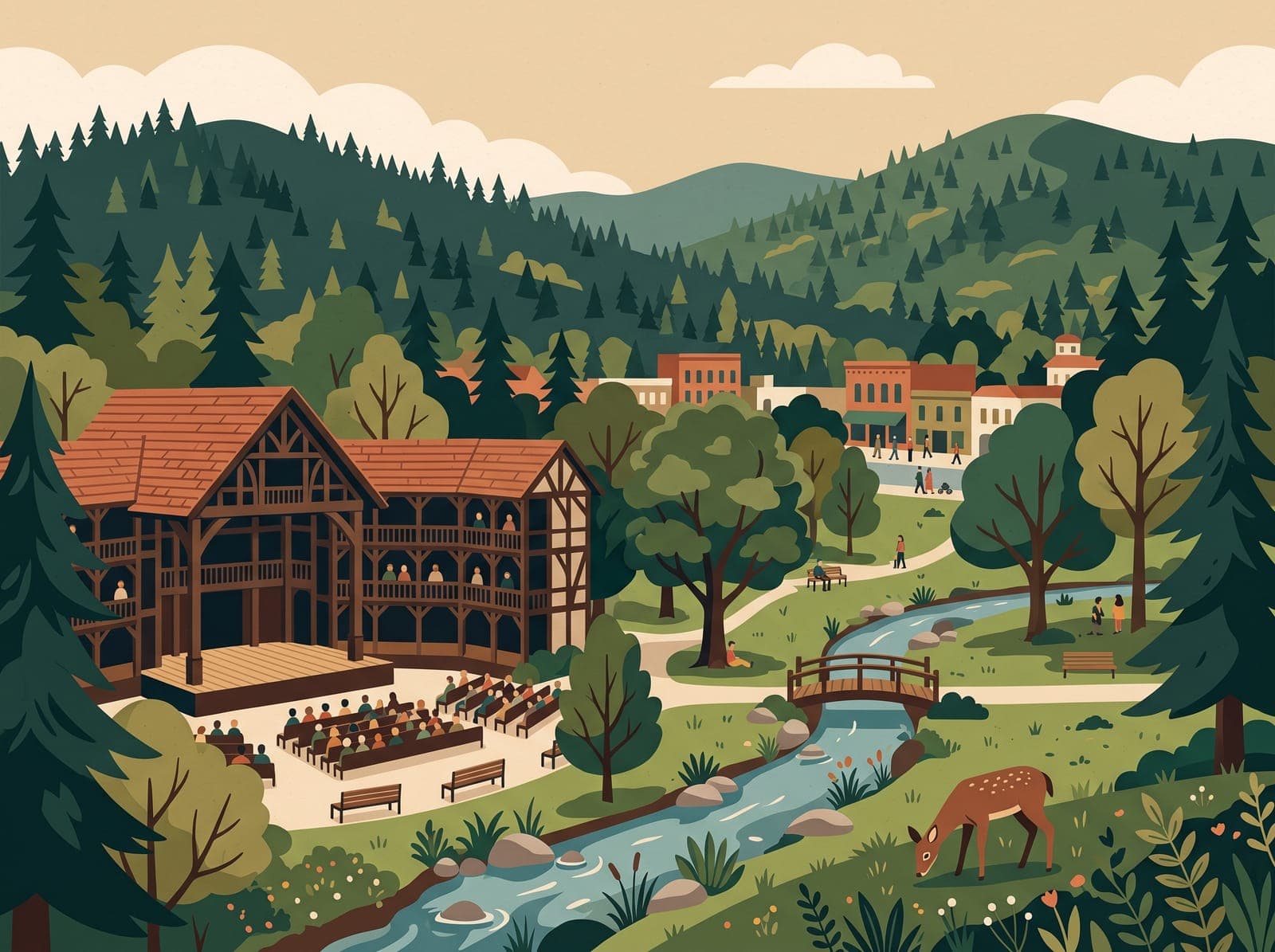 Illustration of Ashland's Elizabethan theater beside Lithia Park with a grazing deer