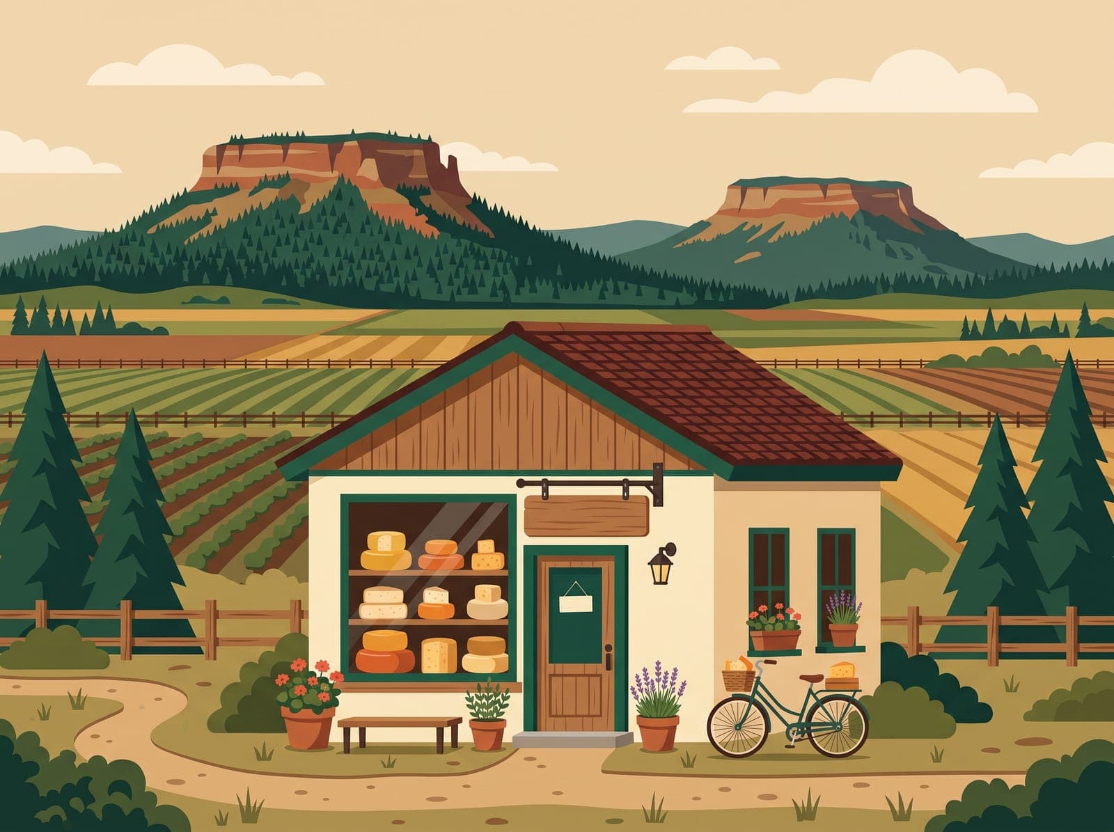 Illustration of a Central Point creamery with the Table Rocks on the horizon