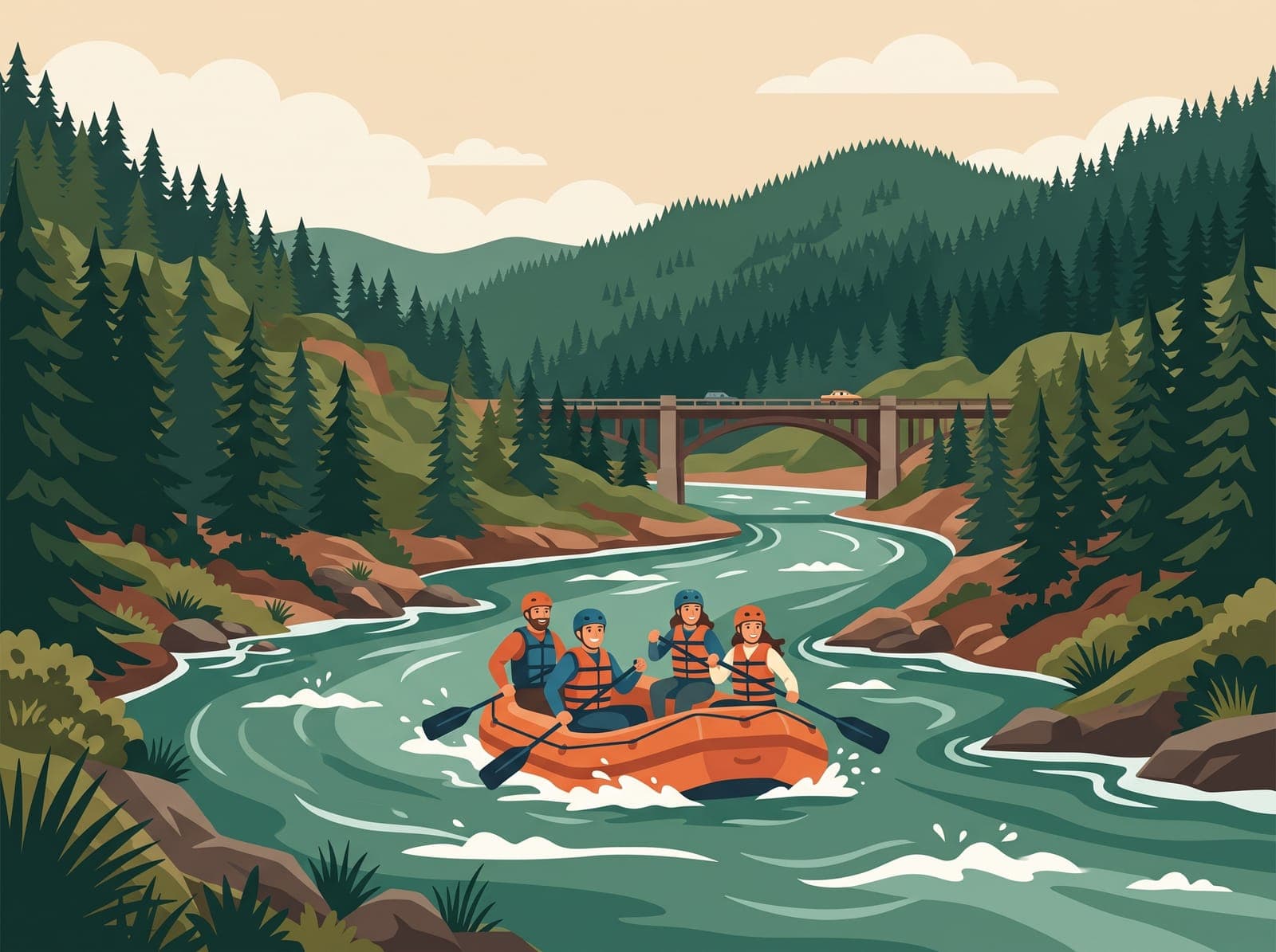 Illustration of rafters on the Rogue River at Grants Pass