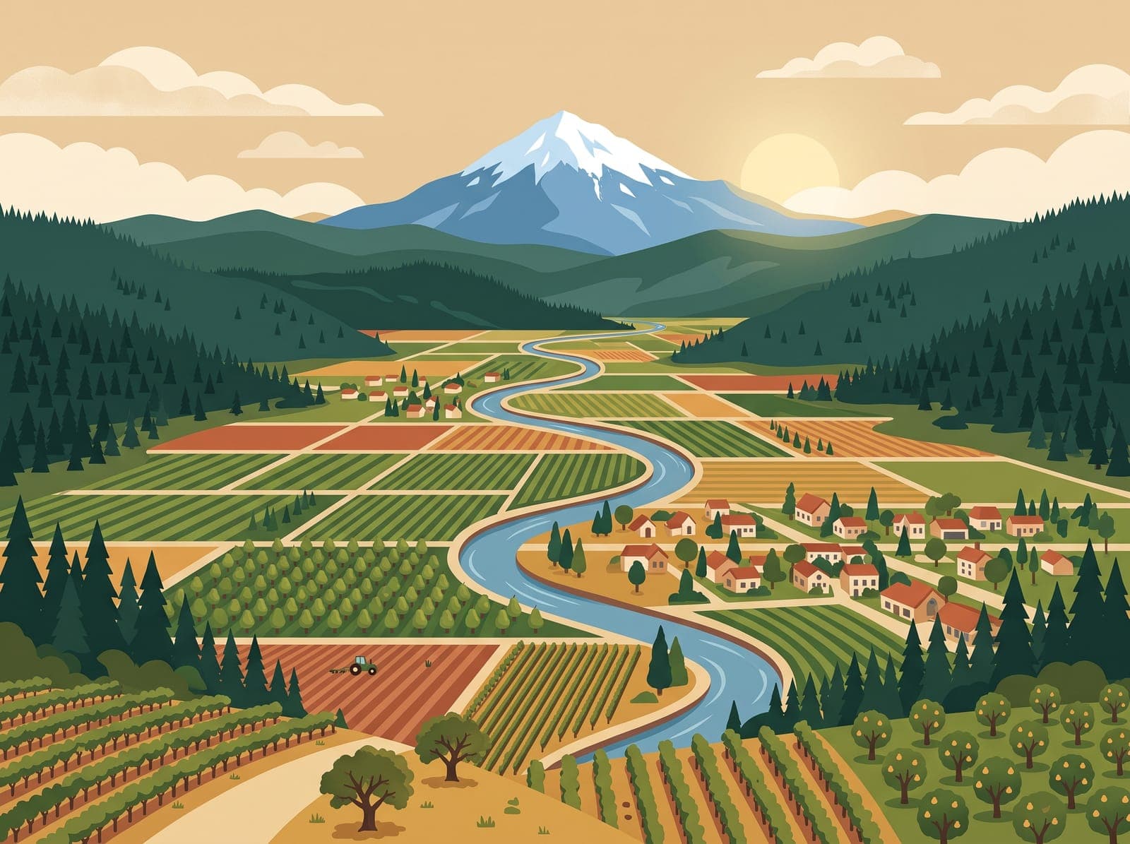 Illustration of the Rogue Valley with orchards, vineyards, and Mount McLoughlin on the horizon