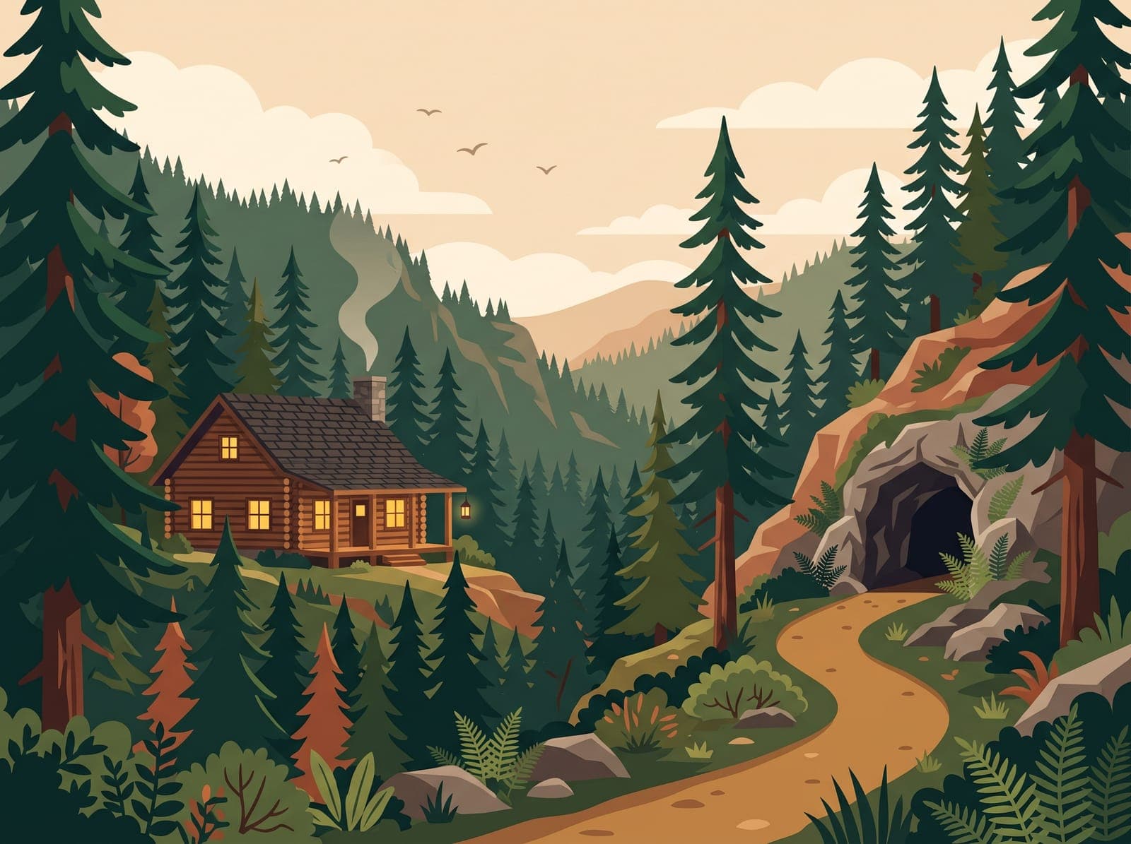 Illustration of a rustic lodge and cave entrance in a forested Josephine County canyon