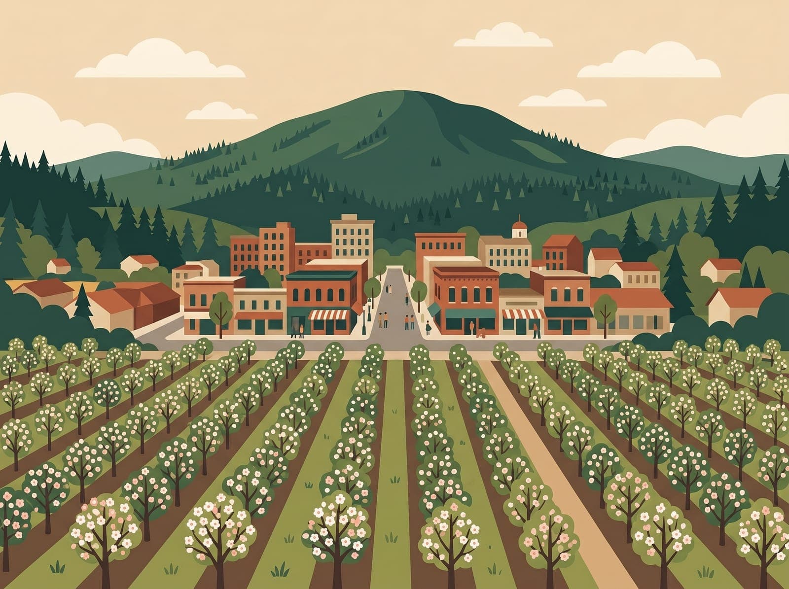 Illustration of Medford's pear orchards with Roxy Ann Peak behind