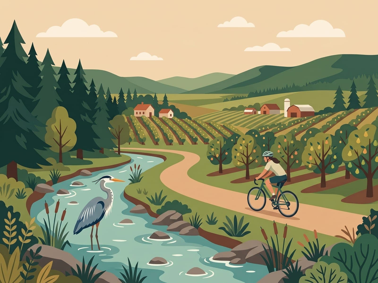 Illustration of a heron in Bear Creek along the Phoenix greenway
