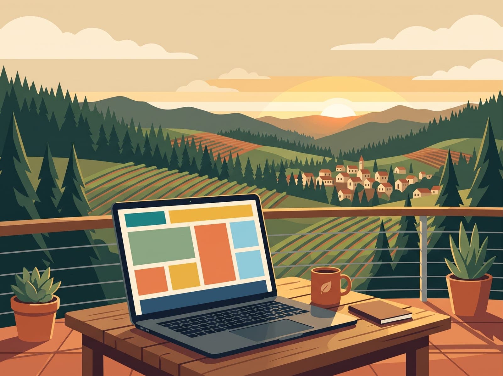 Illustration of a laptop on a patio table overlooking a Southern Oregon valley town