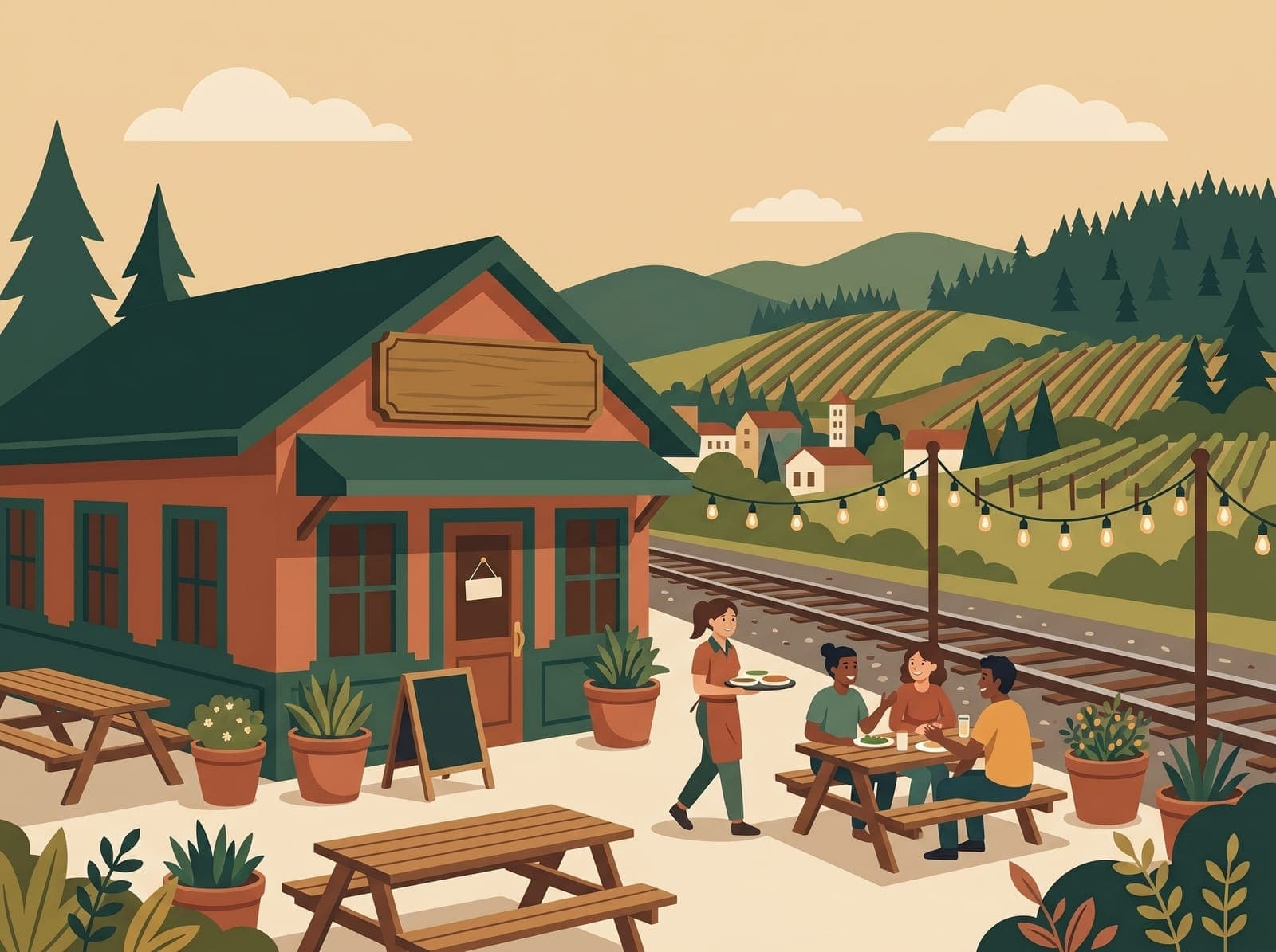 Illustration of a cozy trackside restaurant in Talent with vineyard hills behind