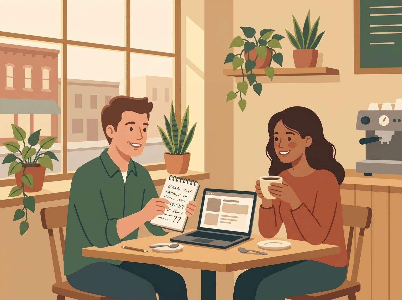 Illustration of two people talking over coffee at a small table, one with a laptop